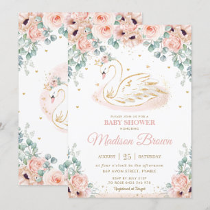 Invitation Baby shower d'or rose floral Swan Princess