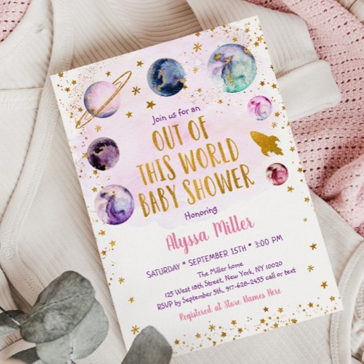 Invitation Baby shower d'or rose Galaxy