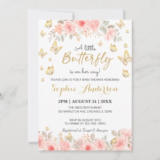 Invitation Baby shower d'or rose rose rose rose florale (Devant)