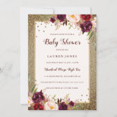 Invitation Baby shower d'or Sparkle à fleurs de Bourgogne Inv (Devant)