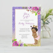 Invitation Baby shower d'or violet afro-américain (Debout devant)
