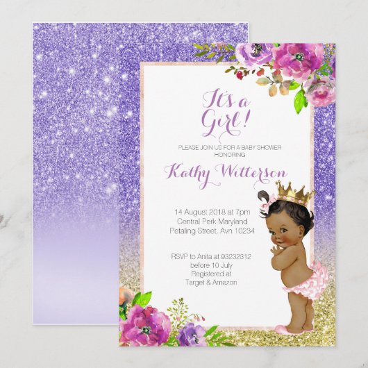 Invitation Baby shower d'or violet afro-américain (Devant / Derrière)