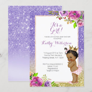 Invitation Baby shower d'or violet afro-américain