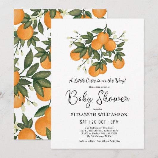 Invitation Baby shower d'Oranges botaniques de Little Cutie (Devant / Derrière)