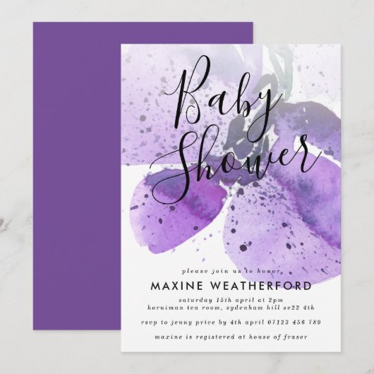 Invitation Baby shower d'orchidée violet aquarelle (Devant / Derrière)
