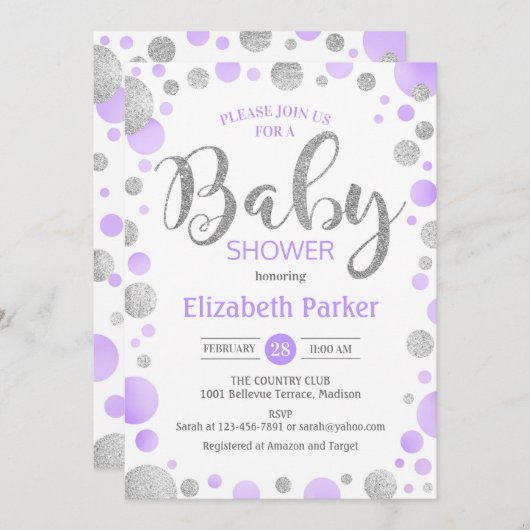 Invitation baby shower - Dots d'argent violet (Devant / Derrière)