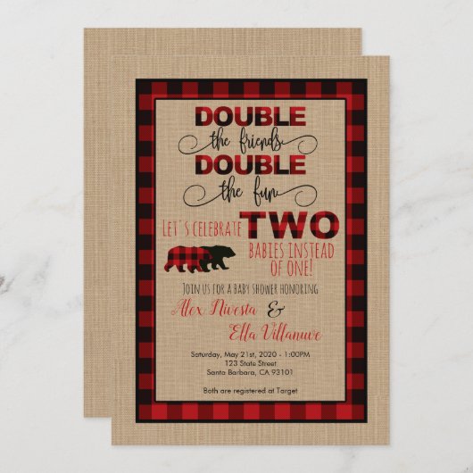 Invitation Baby shower double Lumberjack (Devant / Derrière)