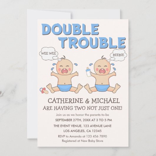 Invitation Baby shower Double Trouble Twin Boys (Devant)