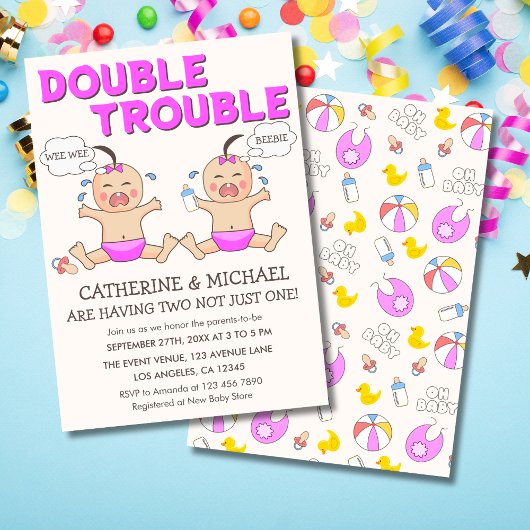 Invitation Baby shower Double Trouble Twin Girls