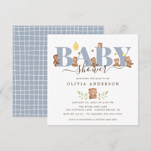 Invitation Baby shower d'ours au miel (Devant / Derrière)