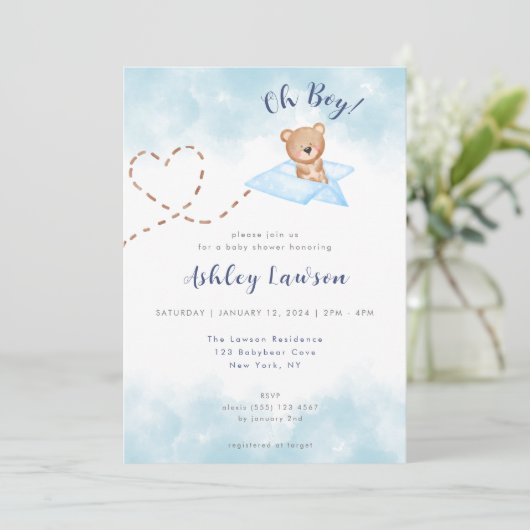 Invitation Baby shower d'Ours Bleu d'avion Invitation-Boy (Debout devant)
