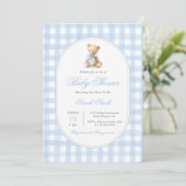Invitation Baby shower d'ours bleu En vichy (Debout devant)