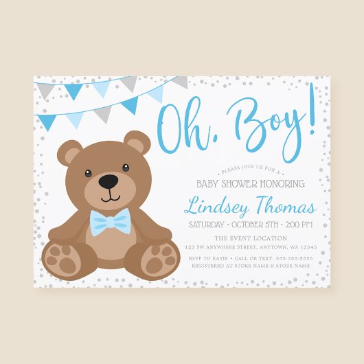 Invitation Baby shower d'ours bleu Oh Boy Teddy Bear