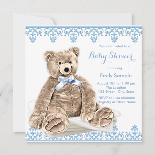 Invitation Baby shower d'ours bleu Teddy (Devant)