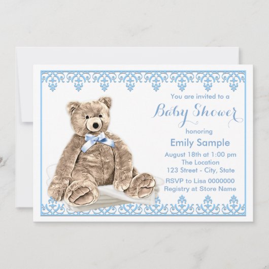 Invitation Baby shower d'ours bleu Teddy (Devant)