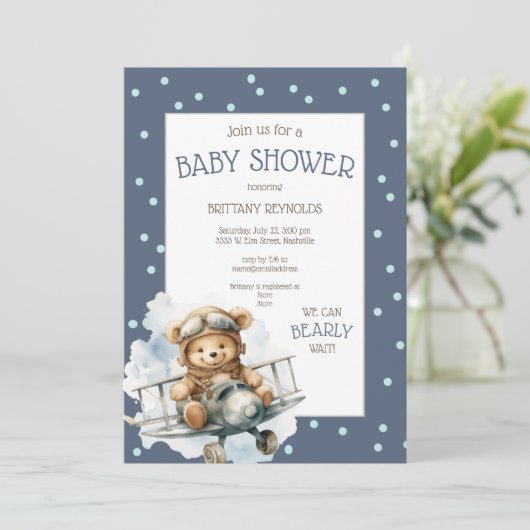 Invitation Baby shower d'ours bleu volant de l'avion (Debout devant)