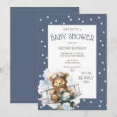 Invitation Baby shower d'ours bleu volant de l'avion (Devant / Derrière)