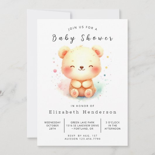 Invitation Baby shower d'ours chic à imprimer (Devant)