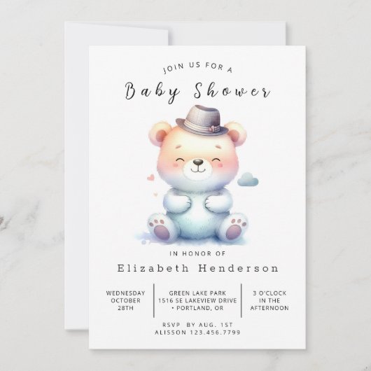 Invitation Baby shower d'ours chic modifiable (Devant)
