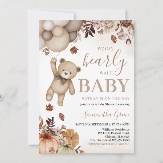 Invitation Baby shower d'ours d'automne neutre pour les homme (Devant)