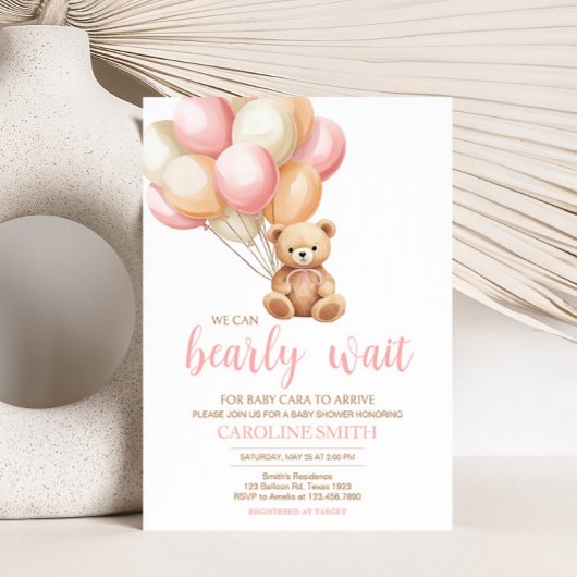 Invitation Baby shower d'ours de balloon rose