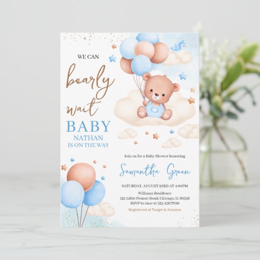 Invitation Baby shower d'ours de Boho Blue Boho (Debout devant)