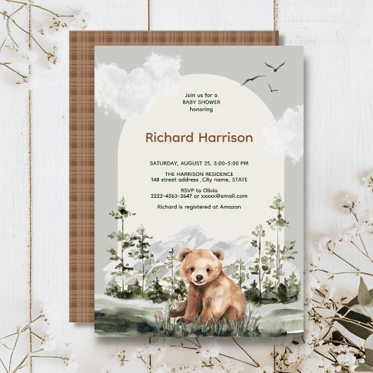 Invitation Baby shower d'ours de forêt d'aquarelle mignonne