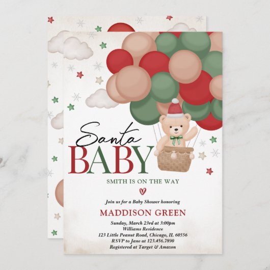 Invitation Baby shower d'ours de Noël neutre pour les hommes (Devant / Derrière)