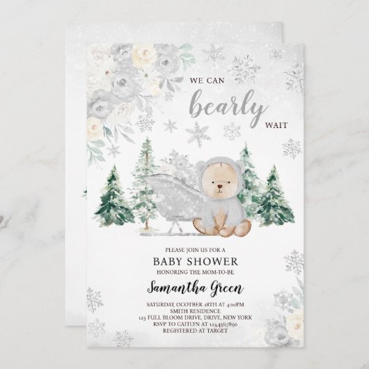 Invitation Baby shower d'ours d'hiver argenté (Devant / Derrière)