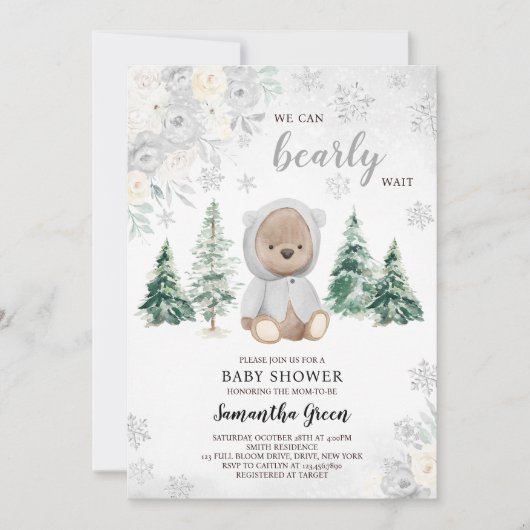 Invitation Baby shower d'ours d'hiver argenté (Devant)