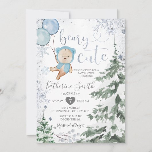 Invitation Baby shower d'ours d'hiver Forêt Flambeaux de neig (Devant)