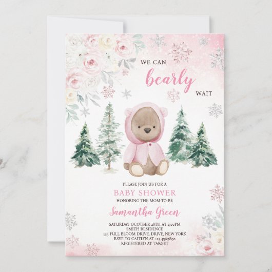 Invitation Baby shower d'ours d'hiver rose (Devant)