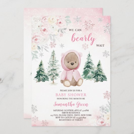 Invitation Baby shower d'ours d'hiver rose (Devant / Derrière)
