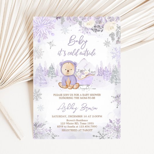 Invitation Baby shower d'ours d'hiver violet