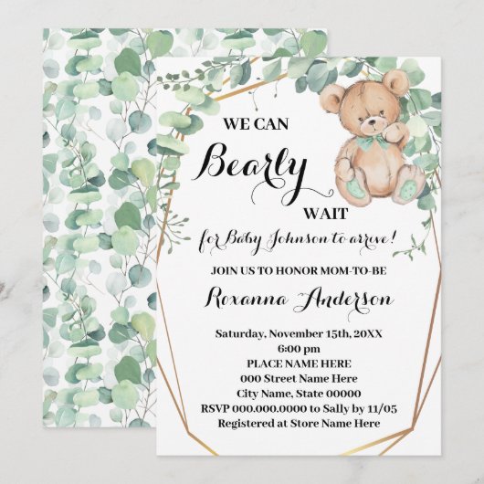 Invitation Baby shower d'Ours d'or vert Bearly wait Baby (Devant / Derrière)