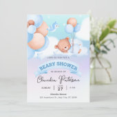 Invitation Baby shower d'ours doux Aquarelle Brown Blue Paste (Debout devant)