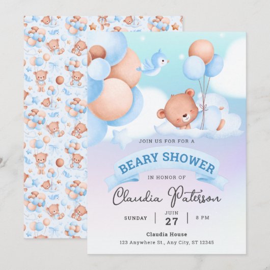 Invitation Baby shower d'ours doux Aquarelle Brown Blue Paste (Devant / Derrière)