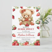 Invitation Baby shower d'ours doux aux fraises rouges (Debout devant)