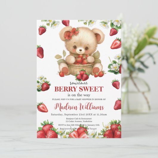 Invitation Baby shower d'ours doux aux fraises rouges (Debout devant)