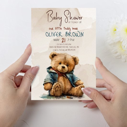 Invitation Baby shower d'ours en peluche à l'aquarelle brun d