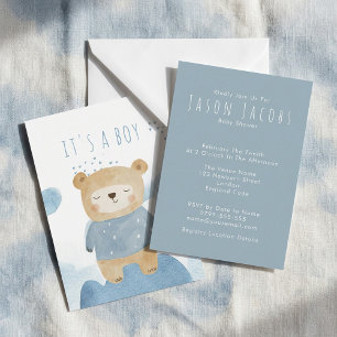 Invitation Baby shower d'ours en peluche bleu aquarelle