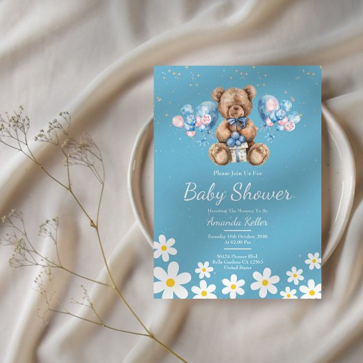 Invitation Baby shower d'ours en peluche Blue Daisy
