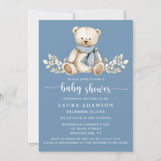 Invitation Baby shower d'ours en peluche d'hiver bleu (Devant)