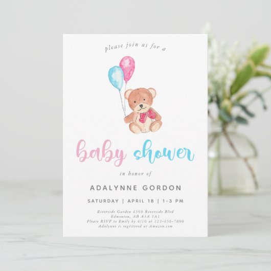 Invitation Baby shower d'ours en peluche doux (Debout devant)