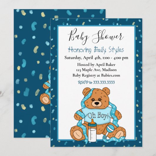 Invitation Baby shower d'ours en peluche du garçon (Devant / Derrière)