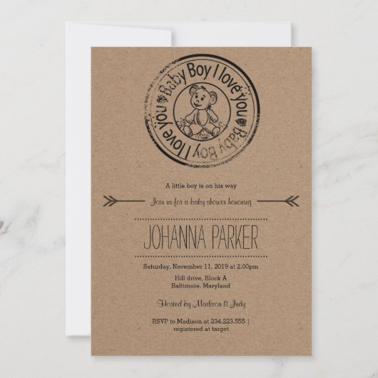 Invitation Baby shower d'ours en peluche en papier kraft rust (Devant)