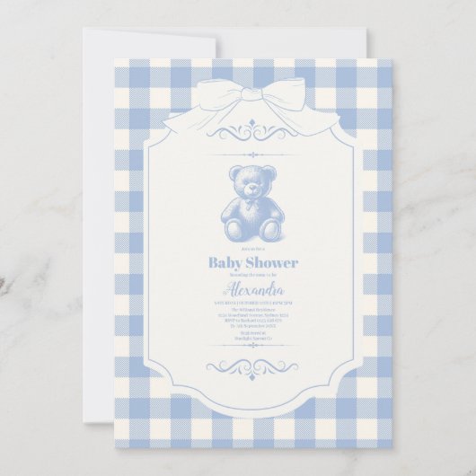 Invitation Baby shower d'ours en peluche En vichy français (Devant)