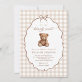 Invitation Baby shower d'ours en peluche En vichy neutre (Devant)