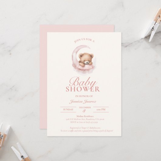 Invitation Baby shower d'ours en peluche rose (Devant/Arrière en situation)