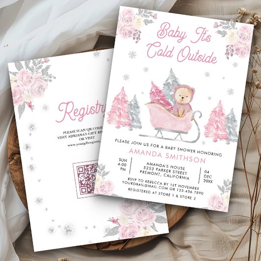 Invitation Baby shower d'ours en peluche rose